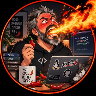 Illustrierter scovillo-Avatar: Entwickler mit Chili, feurigem Atem und Laptop.