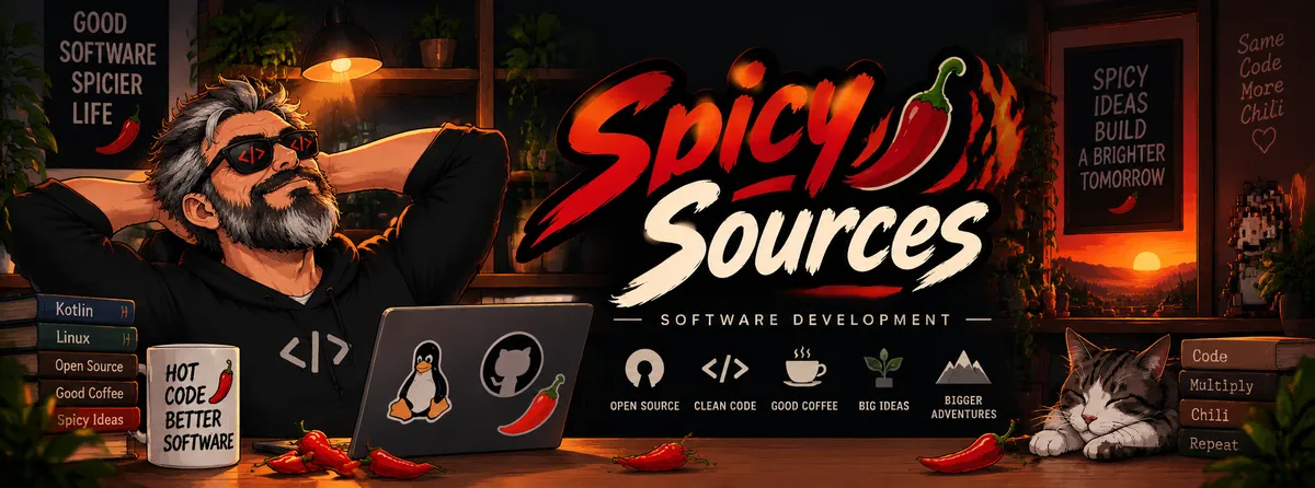 Spicy Sources – Software Development. Illustrierte Entwicklerwerkstatt mit Kaffee, Chili und offenem Quellcode.
